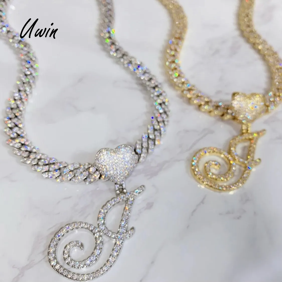 UWIN Iced Out Initial Heart Hook Cursive Letter Pendant with 9mm Cuban Link Chain Necklace Women Man Letters Pendants