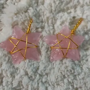 All'ingrosso a buon mercato prezzo di fabbrica rosa rosa quarzo forma di stella punte di freccia d'oro wrapping gioielli collana pendente per la vendita