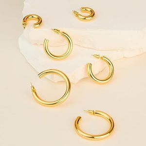 Boucles d'oreilles créoles en acier inoxydable en forme de C, bijoux de mode pour femmes, design géométrique rond - Product Image 3