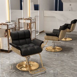 Silla de peluquero reclinable vintage moderna con asiento de cuero y Marco de metal con base de madera para corte de pelo de salón y sala de estar - Product Image 6