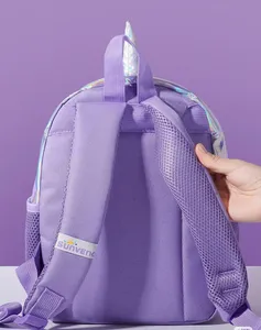ユニコーンキッズバックパック、スパンコール付きリバーシブル幼児用スクールバッグ、ホログラフィックキュート子供用バックパック、ポンポン付きメッシュポケット - Product Image 3