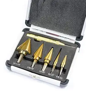 HSS4241 Titanium Step Drill Bit Set with Automatic Center Punch, Triangle Handle Countersink Drill Hole Cutter Tool Set 5Pieces