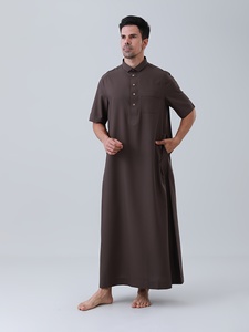 <b>Men's</b> Brown <b>Thobe</b> Short Sleeve Floor Length Cotton Robe Shirt Collar Modest Prayer Wear All Seasons Solid Color - Product Image 4