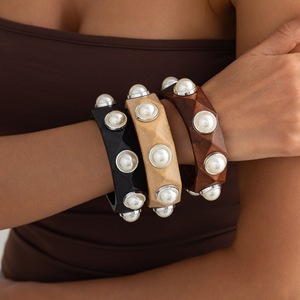 Vintage Wooden Cuff <b>Bracelets</b> with Imitation <b>Pearls</b> Faceted Stackable Bangles <b>for</b> <b>Women</b> - Product Image 3