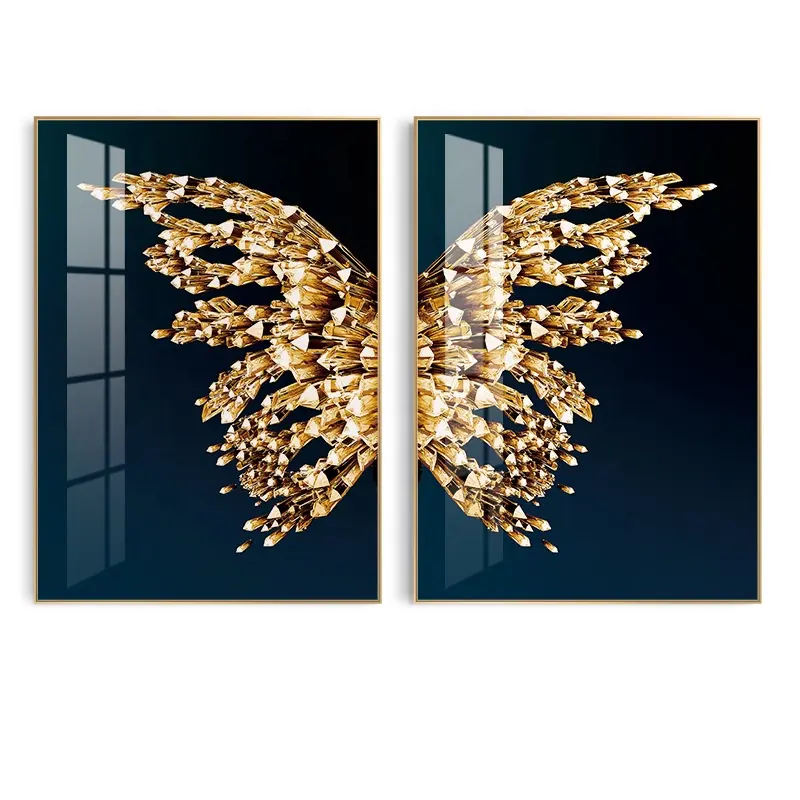 Modern abstract butterfly crystal porcelain painting animal artwork with aluminium metal framed for living room decor