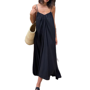 Women's Sleeveless Spaghetti Strap Solid Black Maxi Dress Loose Woven Casual Summer <b>Slip</b> Dress Breathable Straight Hem - Product Image 1