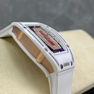 Women's white ceramic mechanical <b>watch</b> with red moissanite-<b>set</b> rubber strap - Product Image 4