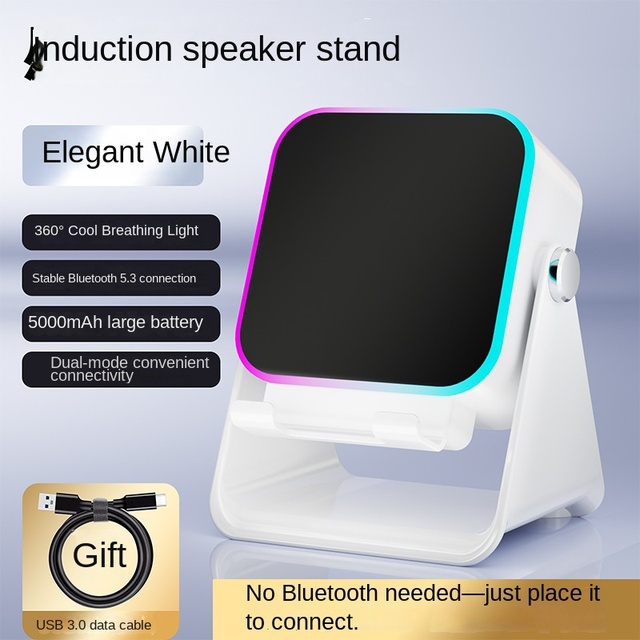 Induction-Foldable Desktop Phone Holder Speaker Multifunctional Wireless for Speaker Battery Ambient Lighting Fast Charging