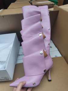 Nouvelles bottes western pour femmes, couleur unie, talon fin, décorées de clous, largeurs de mollets variées - Product Image 4