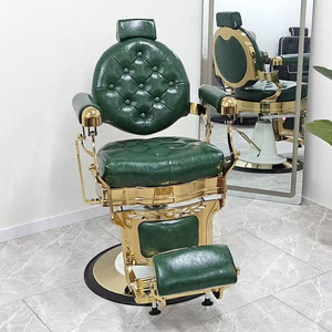 Vintage Barber Chair Heavy Duty Hydraulic Reclining Salon Chair Green Upholstered Round Base - Product Image 4