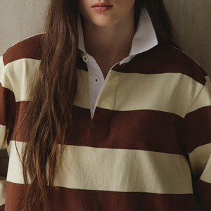 Sweat-<span class=keywords><strong>shirt</strong></span> polo décontracté pour <span class=keywords><strong>femme</strong></span> avec col à revers, épaules tombantes, rayures et manches longues surdimensionnées - Product Image 5