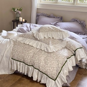 Juego de Ropa de Cama de Algodón Estilo Francés para Niñas, 4 Piezas, Estampado Floral, con Volantes, Estilo Princesa, Funda de Edredón de Algodón Puro, Sábanas para Uso Doméstico - Product Image 5