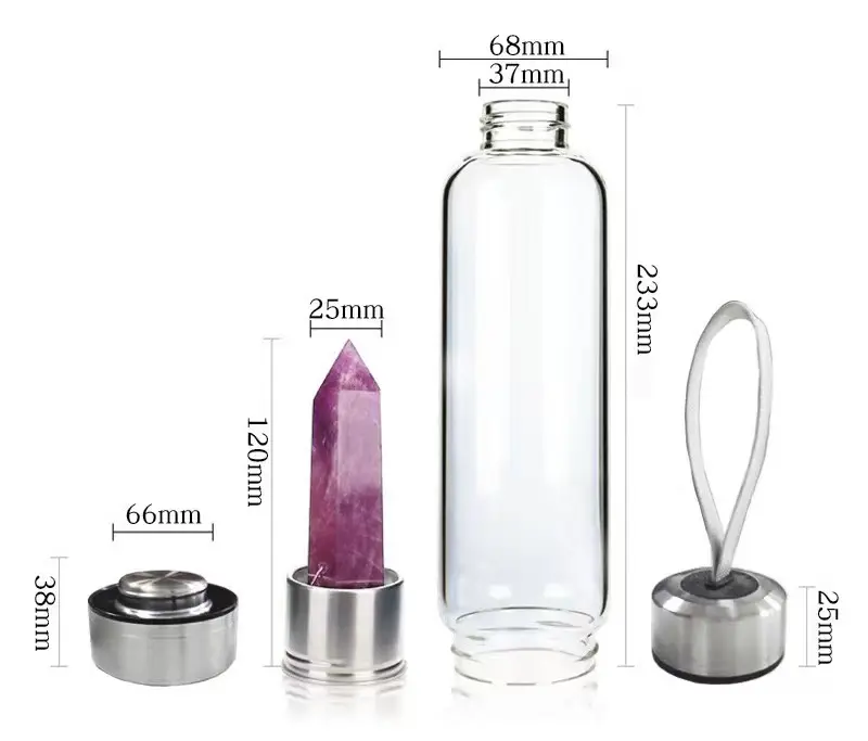 زجاجة ماء زجاجية للشفاء من الكريستال مع أحجار ممزقة