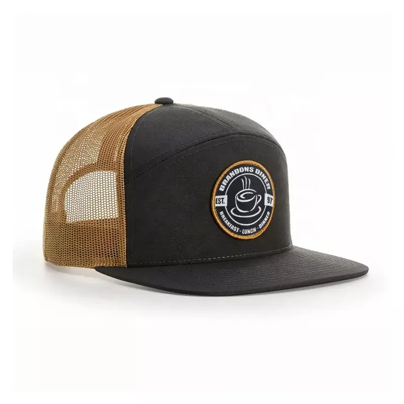 Custom Embroidery Logo High Quality Adjustable Flat Hip Hop 7 Panel Snapback Trucker Cap Hat Mens
