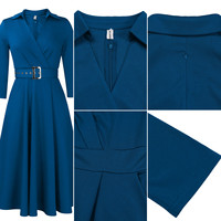 Robe d'automne tendance D3290 pour femme, décontractée et élégante, col à revers en V, manches 3/4, robe de bureau pour femme, robe d'église avec ceinture