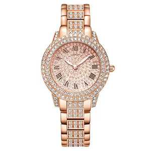 Factory Wholesale Women Full Diamond Quartz Watch Roman Number Dial Fully Inlaid Rhinestone Gold Metal Bracelet Spot Goods