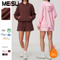 Usine OEM/ODM de vêtements de sport : Ensemble sweat à capuche polaire d'hiver pour femme, veste de sport, short et pantalon – Vêtements d'entraînement personnalisés sous marque privée – Vente en gros