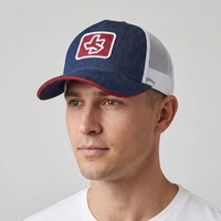 Gorra Trucker de Malla Azul y Blanca Ajustable de 5 Paneles con Parche Bordado y Visera Curva para Uso Casual al Aire Libre