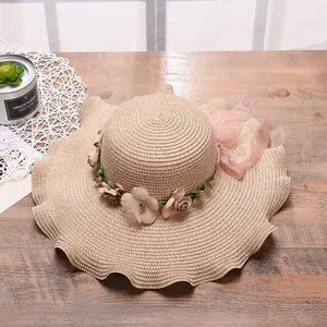FayeIn Women Boho Straw Sun Hat Classic Weave Beach Cowboy Style Hat Wind Lanyard UPF 50+ Flower Garland Summer Hat