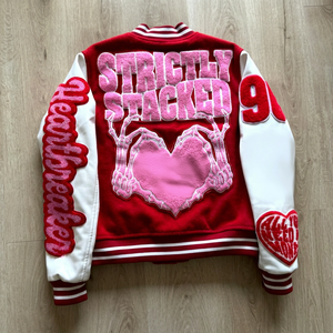 Red Varsity Jacket Embroidered Heartbreaker Patch Money Slogan Preppy Style Genuine Leather Shell Solid Unisex for Autumn Wear - Product Image 1