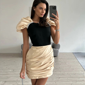 فستان حفلات نسائي ضيق باللون الأسود والمشمشي، بأكمام منتفخة مزينة بسلسلة ماسية، فستان ساتان جديد أنيق وعصري - Product Image 5