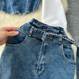 Bộ váy denim nữ dáng ôm, chất liệu trơn, tay dài, có đường may ở eo, <span class=keywords><strong>size</strong></span> lớn, thích hợp cho mùa hè. - Product Image 4