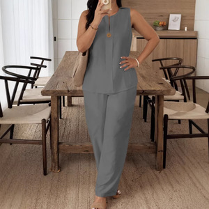 Ensemble décontracté en coton et lin pour femmes, haut ample blanc, pantalon large, tailles S M L XL 2XL 3XL, Europe, Amérique, Asie du Sud-Est - Product Image 4
