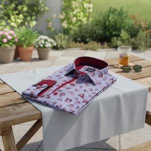 Camisa de Hombre de Manga Larga, Diseño Floral en Acuarela Azul y Rojo, Corte Entallado - Product Image 3