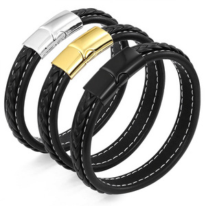 Men's Woven <b>Leather</b> <b>Bracelet</b> Magnetic Clasp Black Multi Layer Gift Jewelry - Product Image 1