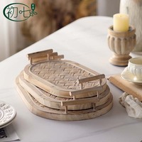 Ensemble de plateaux de service en bambou et bois tressé de style bohème, formes rectangulaire et ovale, motif en bois pour bureau, café, décoration de la maison