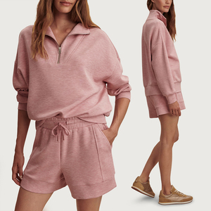 ชุดเซ็ต 2 ชิ้นสำหรับผู้หญิง KingSen ผ้าฝ้าย 100% เสื้อสเวตเชิ้ตซิป ¼ ตัว กางเกงเอวยางยืด ชุดลำลองสบายๆ - Product Image 1