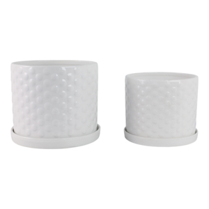 Vasi in ceramica con motivo a rilievo e sottovasi, design testurizzato per decorazioni da giardino interne ed esterne, elegante bianco - Product Image 4