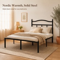 Queen-Bettgestell für Gästezimmer und Schlafzimmer, mattes schwarzes Metallplattformbett mit Kopfteil und Lattenrostunterstützung