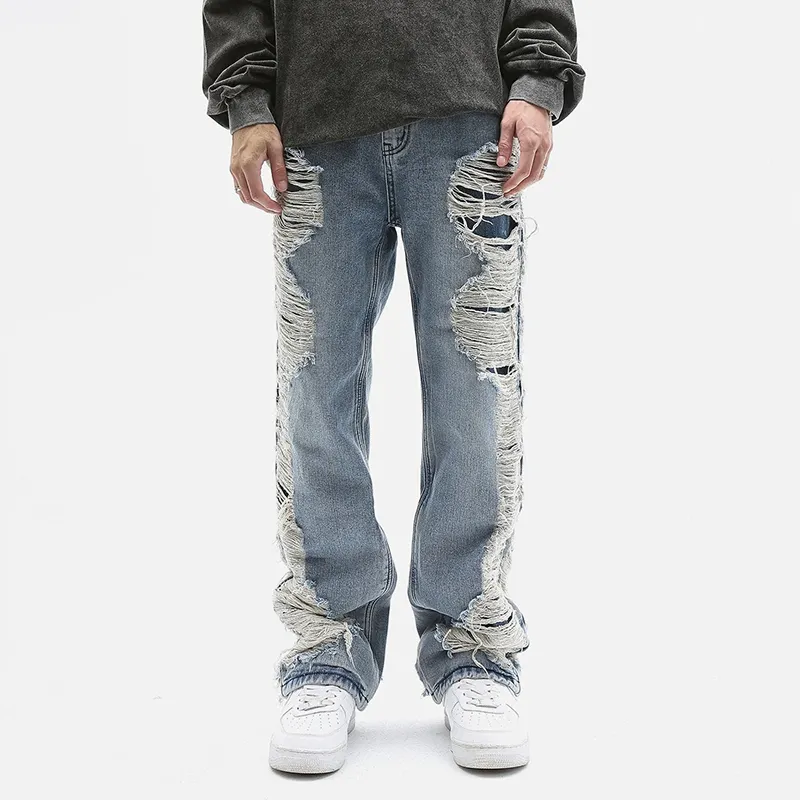 Xiaoxin Boys Blue Fashion Wash Denim Ripped Jeans Loose Fitting Casual Straight Pants Distressed Plus Size Men's Jeans