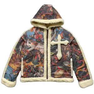DiZNEW 고품질 사용자 정의 남성 재킷 겨울 인쇄 후드 코트 여분의 따뜻한 재킷 줄 지어 양고기 양모 분리형 크로스