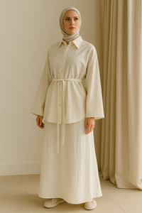 Conjunto de Dos Piezas de Rayón para Mujer Musulmana Modesta YXO019, Diseño ODM, Blazer Drapeado y Pantalones Anchos, Ropa Islámica, Combinación de Chifón - Product Image 2
