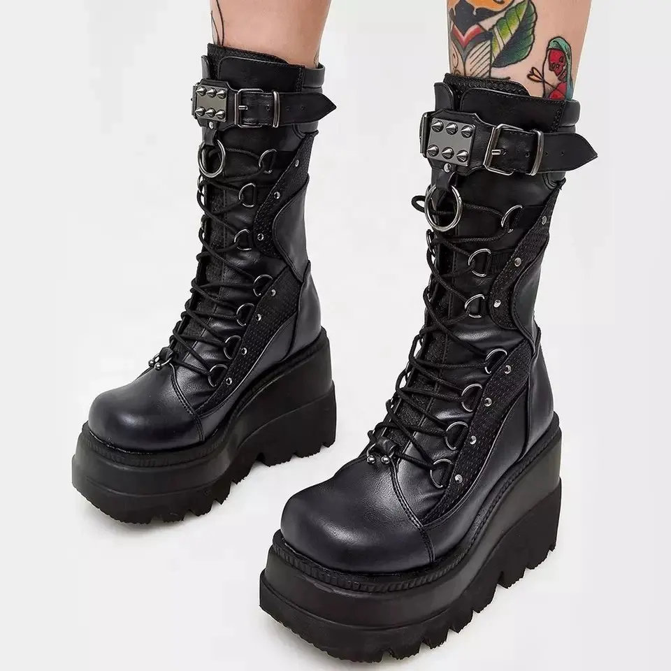 Botas de combate femininas com plataforma punk, plus size, kpop, robusta, decoração, fivela, frontal, na altura do joelho