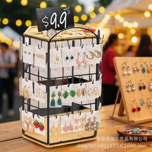 Porte-bijoux rotatif en bois à 3 niveaux avec structure en fer pour l'affichage des boucles d'oreilles, usage intérieur, style moderne - Product Image 1