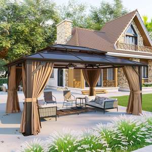 Gazebo à toit rigide, pavillon <span class=keywords><strong>permanent</strong></span> à structure en aluminium avec rideaux et moustiquaire, auvent extérieur à double toit en polycarbonate - Product Image 3