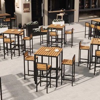 Table et chaises de bar d'extérieur, imperméables, résistantes au soleil, en plastique imitation bois, table longue pour café et chaises, tabourets muraux et table haute