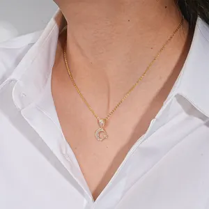 Unique Design Romantic Au585 14K Solid Gold CZ Cubic Zirconia Diamond Moon Star Pendant Necklace With 925 Silver Link Chain