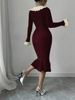 Robe midi en maille pour femme, hiver, col contrastant à volants, boutonnée sur le devant, manches longues, coupe ajustée, ourlet sirène côtelé, fabrication OEM ODM sur mesure