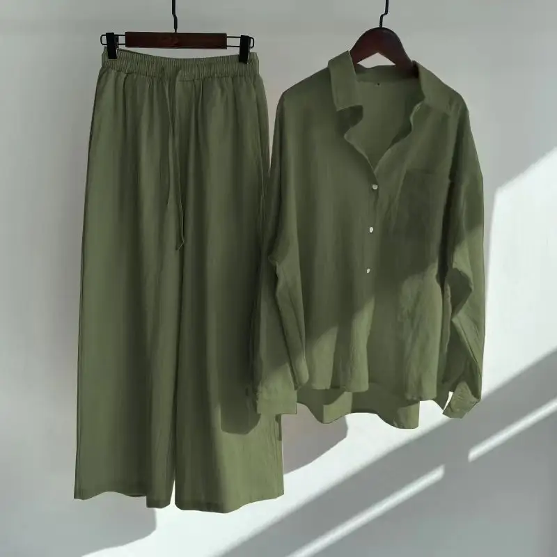 Benutzer definierte weibliche Herbst Kleidung Langarm Italienisch Plus Size 2 Wide Leg Pants Outfits Zweiteilige Blusen Leinen Sets Frauen
