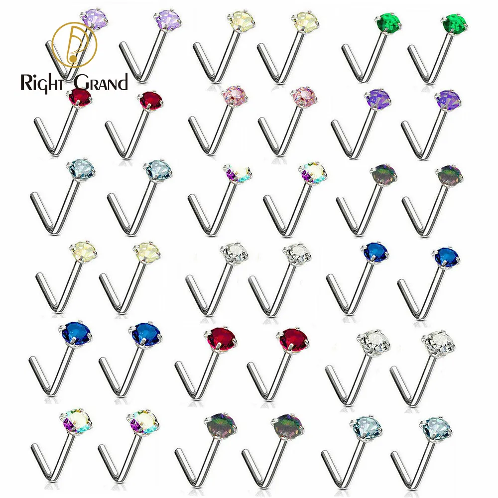 Acciaio chirurgico 20G Naso Pin A Forma di L Prong Set CZ Naso Vite Naso Studs