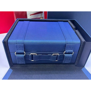Boîte à montre de luxe en bois bleu à fente unique, ensemble complet d'emballage pour montre avec sac cadeau, carte et certificat, boîte cadeau personnalisable avec logo - Product Image 5