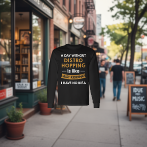 T-shirt a maniche lunghe Distro Hopping, design nero con umorismo, vestibilità unisex - Product Image 3