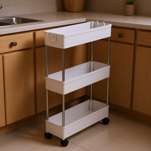 Carrello portaoggetti mobile a 3 ripiani bianco in acciaio inossidabile e plastica per cucina e lavanderia, organizer sottile rettangolare verticale - Product Image 2