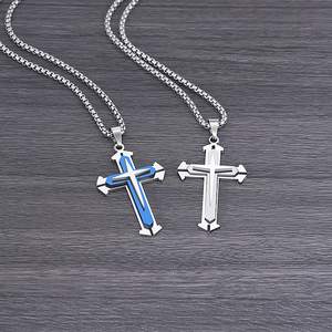 Collana con Ciondolo a Croce Bicolore TG per Uomo e Donna, Blu e Nero, Catena in Acciaio Inossidabile, Stile Religioso Cristiano - Product Image 3