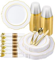 Ensemble de vaisselle jetable en plastique blanc et or, 175 pièces, comprenant 50 assiettes, 25 serviettes pré-roulées avec couverts, 25 gobelets