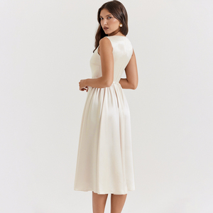 Của phụ nữ tùy chỉnh A-line Midi dài không tay Tank Dress xếp li <span class=keywords><strong>Crepe</strong></span> vải với vòng eo tự nhiên phong cách ngọt ngào cho mùa hè - Product Image 6